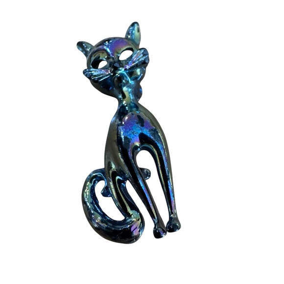 Vintage Iridescent Enamel Black Cat Brooch Pin Lapel Kitty - Picture 2 of 4